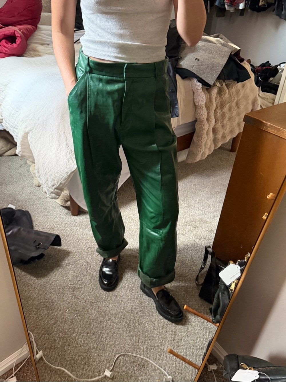 La Marque Emerald Green 100% Lambskin Leather High-Waisted Pleated Trousers